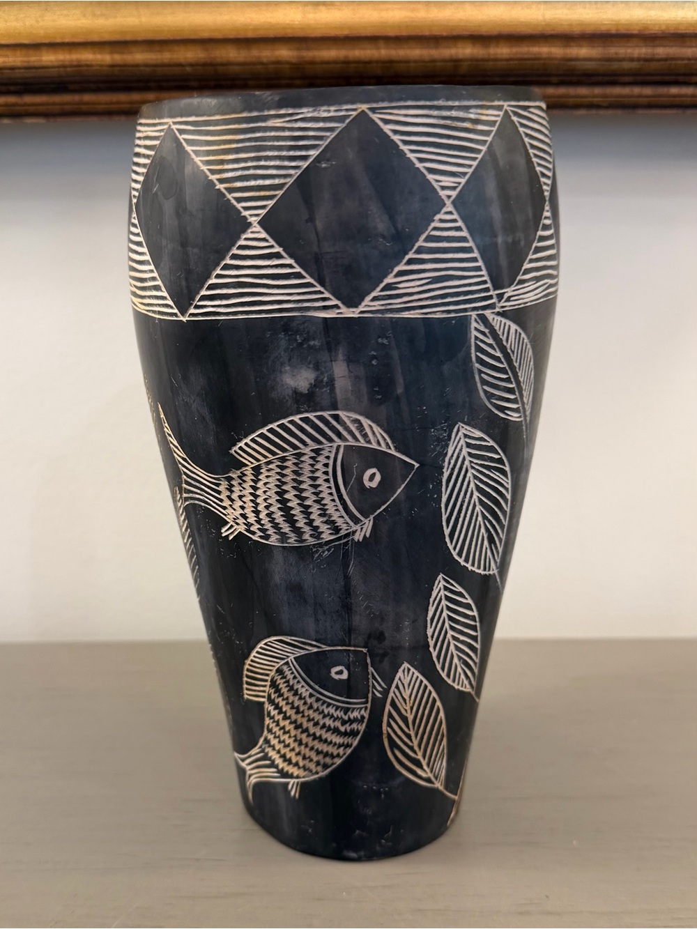 Hand Carved African Soapstone Vase Fish Plants Black White 8” Vessel